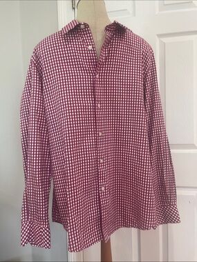 Structure premium woven 100% cotton, gingham red white button-down shirt men’s L